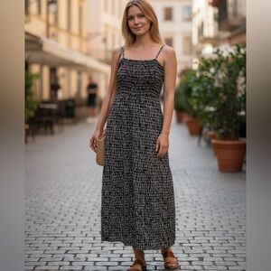 REITMANS (S) Shirred Maxi Sundress Black White Side Slit Flowy Soft